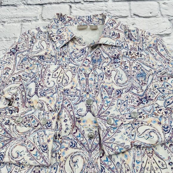 Chico's Sateen Button Down Shirt Jacket 2/12 Petite White Blue Paisley Print - Picture 2 of 9
